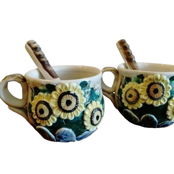 2 Sunflower Coffee Tea Cups Mugs Spoons Handmade Glazed Pottery Studio Crafted - Picture 1 of 11